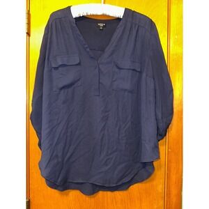 Torrid Women Plus 00 Harper Blouse Blue Semi Sheer Pullover 3/4 Roll Tab Sleeves